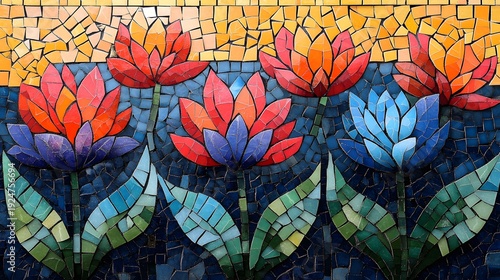 Vibrant mosaic artwork featuring stylized flowers against a textured background of gold, blue, and green. A burst of color and nature. Abstract Boho Style. Ideal for backgrounds and designs.