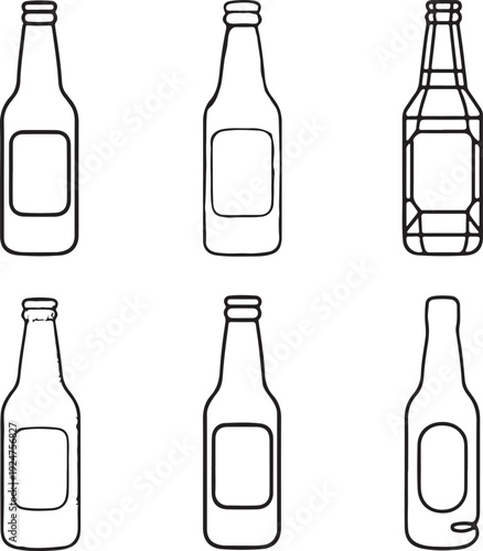 Beer bottle illustrations in various line art styles