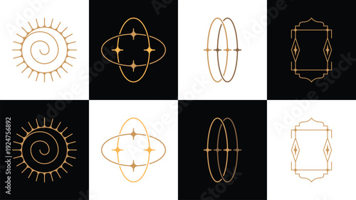 Set of Golden Mystical Celestial Vector Elements of Sun and Minimalist Geometric Frame for Logo Design