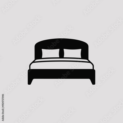A simple black and white graphic of a bed with a curved headboard and two pillows.