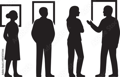  People want to stand and look at the pictures on the wall in the museum silhouette vector.