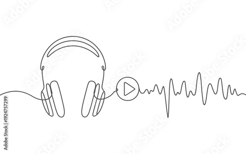 Minimalist continuous line vector illustration of stereo headphones connected to a play button and sound wave graphic.