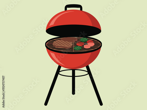 A red barbecue grill with food cooking on it, against a pale green background.