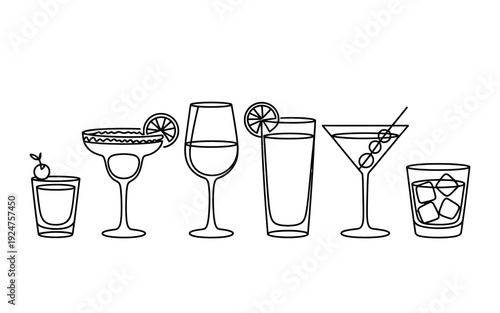 A delightful vector illustration set featuring six different cocktail and alcoholic beverage glasses in a minimalist line art design.
