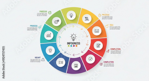 Infographic template with colorful circular design and icons for business and productivity concepts