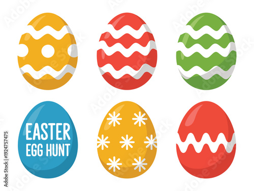 Colorful easter eggs arranged in a pattern on a white background.