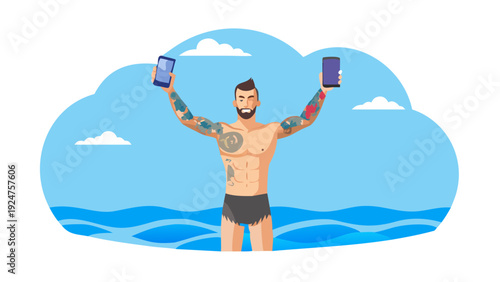 Handsome man shirtless with tattoos in different languages, raising both arm, holding a phone, in blue water against clear blue sky with white clouds, realistic minimalist illustration vector See Less