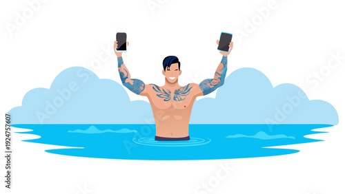 Handsome man shirtless with tattoos in different languages, raising both arm, holding a phone, in blue water against clear blue sky with white clouds, realistic minimalist illustration vector See Less