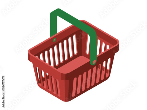 A red plastic shopping basket with a green handle on a white background.