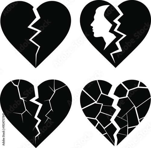 Broken Heart Silhouette Collection Symbolizing Love Loss and Separation, Cad Drawing Flat Vector 