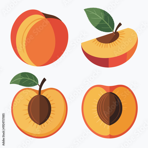 A set of cartoon peaches in different stages of being sliced open.
