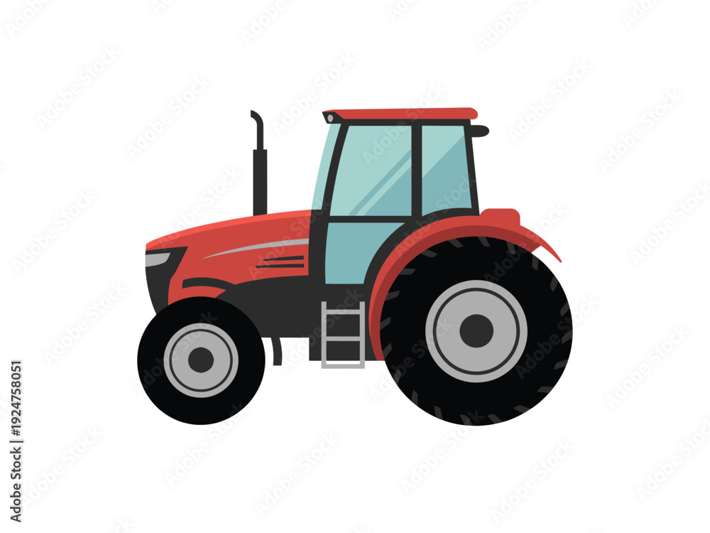 Naklejka premium A red tractor with large black tires and a cab, on a white background.