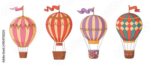 Cartoon Flying Hot Air Balloons, retro balloons decorated with flags and garlands, vintage air transport collection, flat vector illustration set isolated on white background