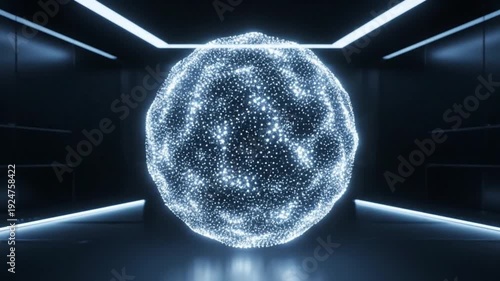 Abstract glowing particle sphere in dark futuristic room. Digital data visualization with blue light, technology, and science concept.