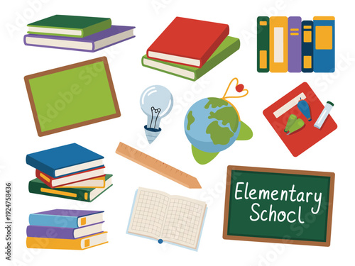 A collection of school supplies and objects representing elementary education