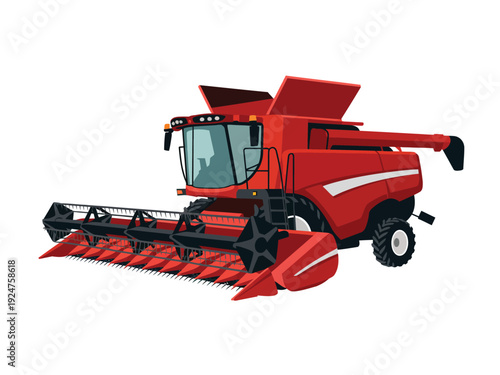 A red combine harvester with a large header and grain tank visible.