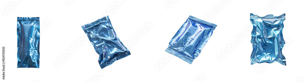 Fototapeta premium Set of Shiny Blue Metallic Foil Vacuum Sealed Packets Isolated on White Background isolated on transparent background