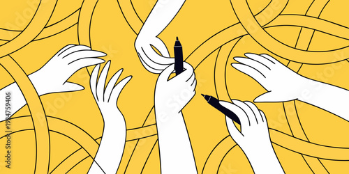 Hands reaching for makeup illustrated against a bright yellow background