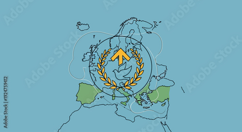 European map with dove and olive branch symbolizing peace and growth