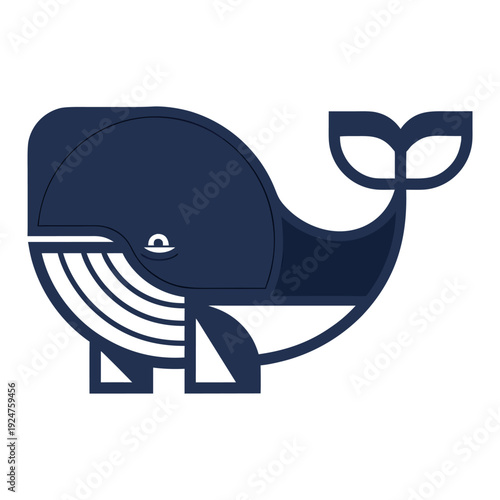 A digitally illustrated whale with a leaf-shaped tail, featuring bold lines and dark blue hues, symbolizing marine wildlife in a modern, flat design style