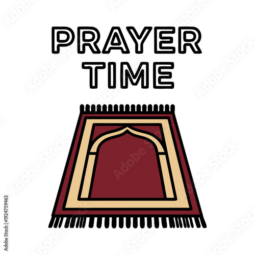Prayer rug illustration with prayer time text on white background, viewed from directly above