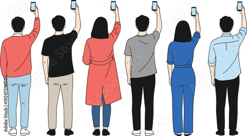 Group of people holding smartphones up back view illustration, social media connection technology concept flat vector