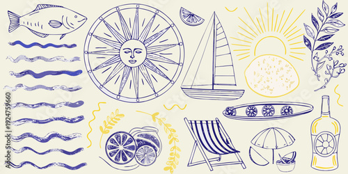 A collection of hand drawn summer elements including fish boats and citrus