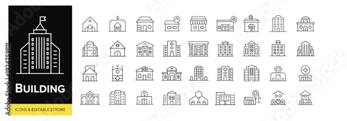 city buildings outline icon set, hotel hospital apartment townhouse shopping mall coffee cafe symbols editable stroke vector design.