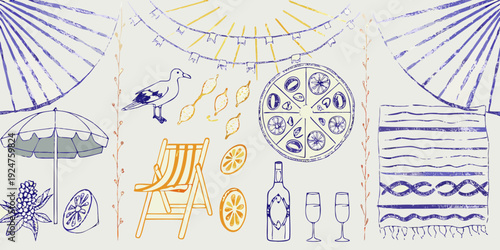 A whimsical beach scene with sketched summer elements and decorations