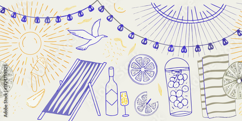 A summer scene with sun beach elements and festive string lights
