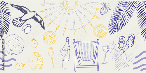 A summery scene featuring tropical fruits a bird and beachside relaxation