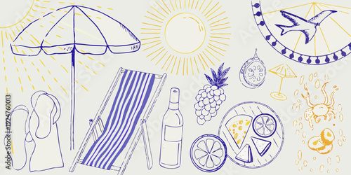 A summery doodle illustration featuring beach items and tropical fruit