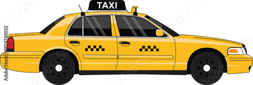 Yellow taxi car illustration, classic city cab vehicle, urban transportation concept, flat vector design, side view isolated on white background