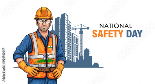 Illustration of a construction worker in safety gear standing in front of a cityscape on National Safety Day in India, promoting workplace safety awareness with a professional and