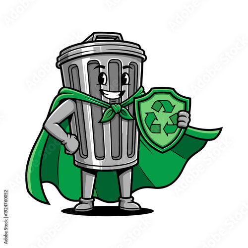 Cartoon trash can in a green cape holding a recycling symbol shield like a superhero, t6.eps reference