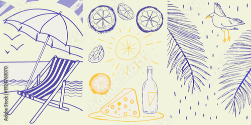 A whimsical summer scene with beach elements and citrus fruit illustrations
