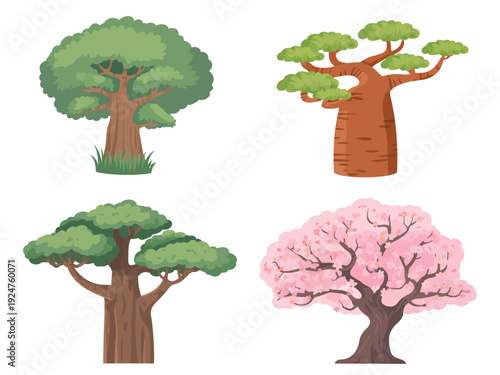 A collection of four trees with different foliage and colors in a simple graphic style.