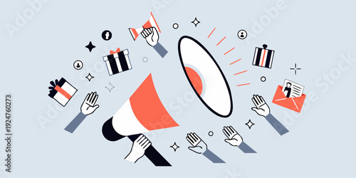 Announcing sales and promotions with colorful illustrated icons and hands