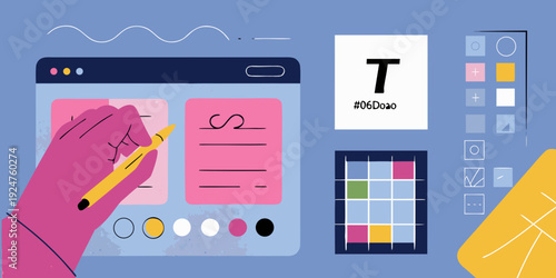 Digital illustration of a hand drawing on a tablet with design tools