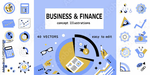 Business and finance concept illustrations with various related icons and graphics