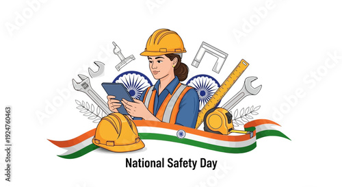 Illustration of a worker in safety gear with tools and helmets for National Safety Day India, promoting workplace safety awareness and industrial safety with a patriotic color scheme.