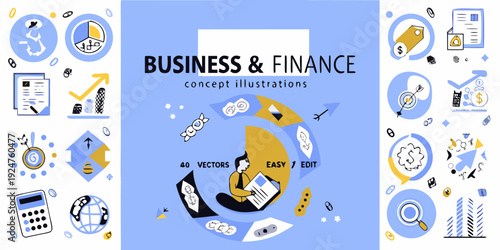 Business and finance concept illustrations with various related icons and graphics