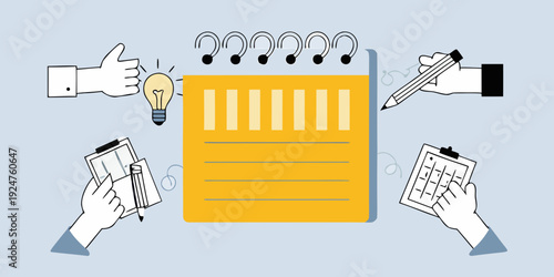 Planning and idea generation with notes checklists and lightbulb concepts
