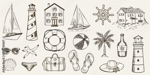 Vintage nautical themed sketch featuring boats lighthouses and summer accessories