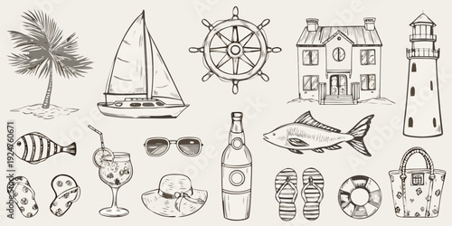 Vintage nautical sketch featuring a sailboat lighthouse and tropical elements