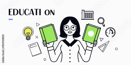 Illustration depicts a student surrounded by education related symbols