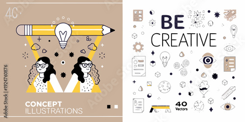 Creative concept illustration featuring a pencil girls and scattered design elements