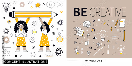 Illustration promoting creativity with diverse people and design elements