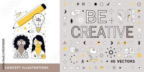 Inspiration strikes pencil lightbulb and portraits encourage creativity