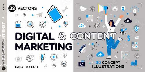 Digital marketing concepts illustration with icons and a celebratory figure